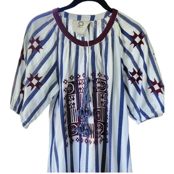 Figue Bria Cotton Tassel Boho Mini Dress Sz S Blue White Burgundy - Picture 8 of 16